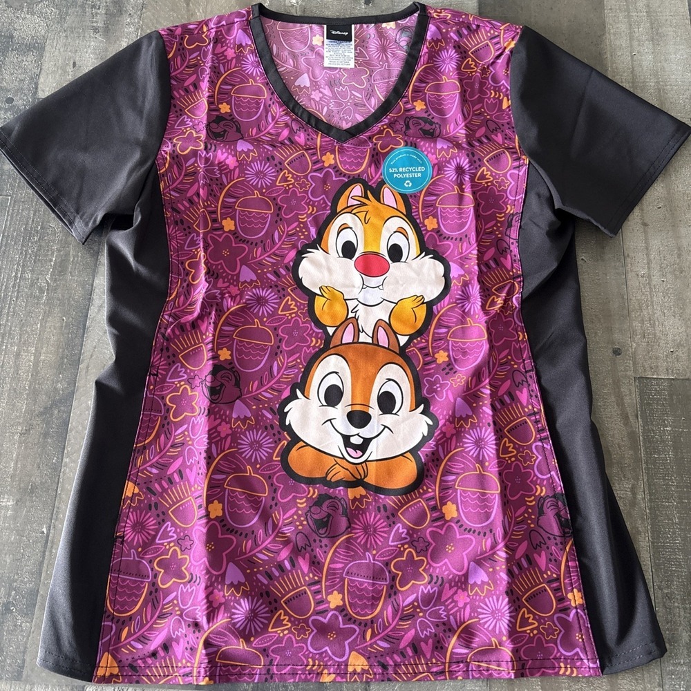 NWT Women's Small Disney Chip & Dale Tooniforms Print Scrub Top